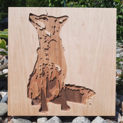 Photo de renard reproduite en bois