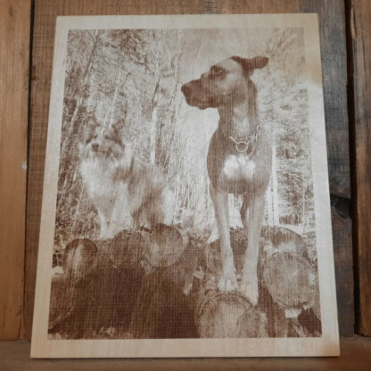 Photo de chiens gravée au laser sur du bois